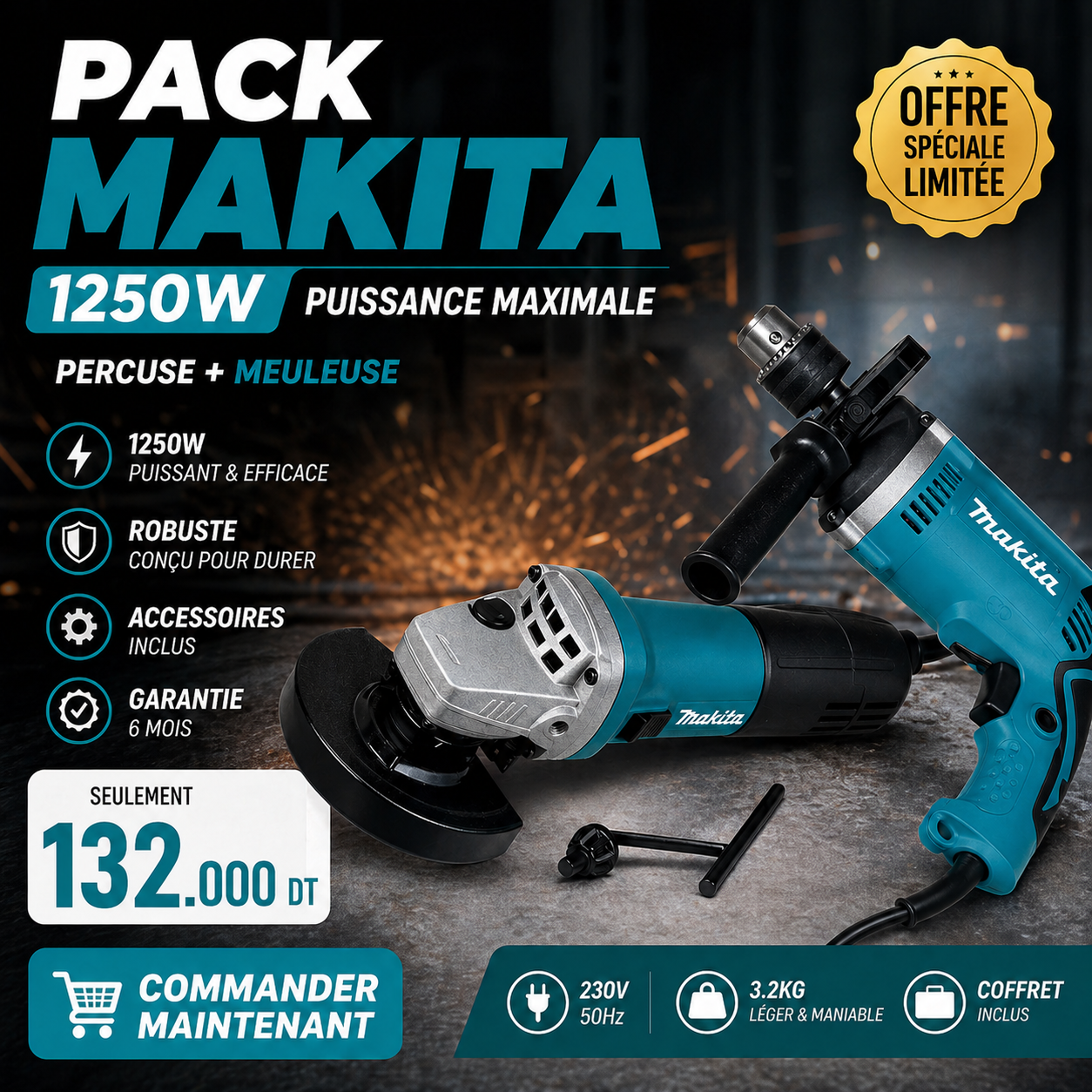 Pack MAKITA 1250W – Perceuse + Meuleuse