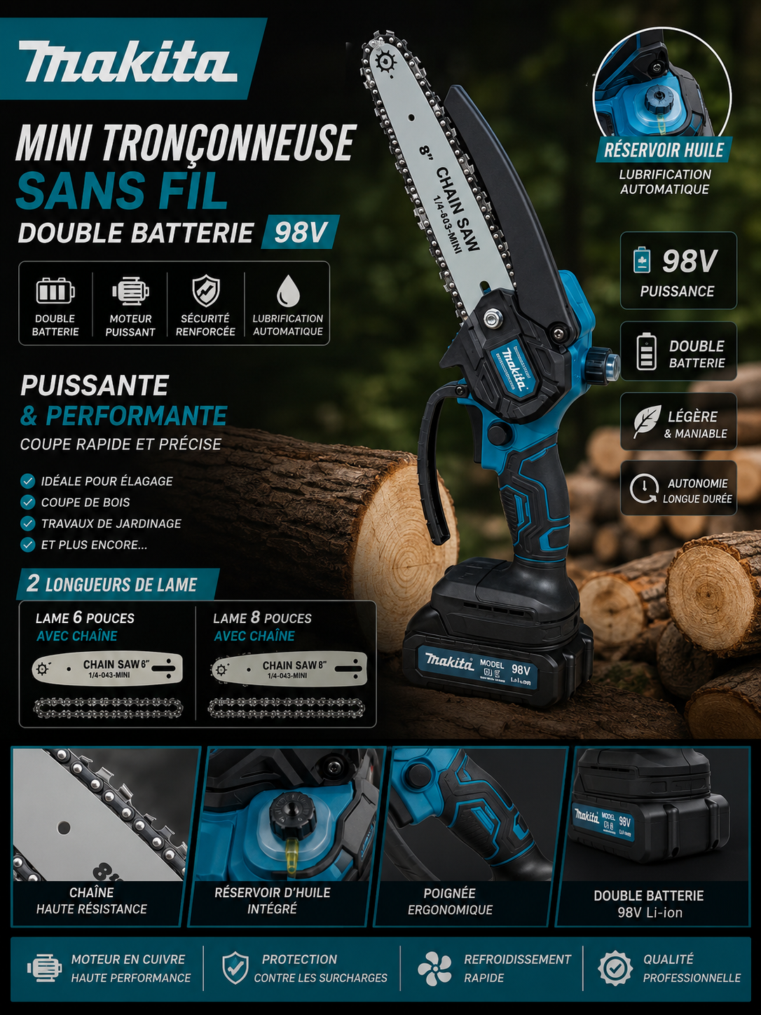 Mnchar makita 98 v 6 pouces et 8 pouces