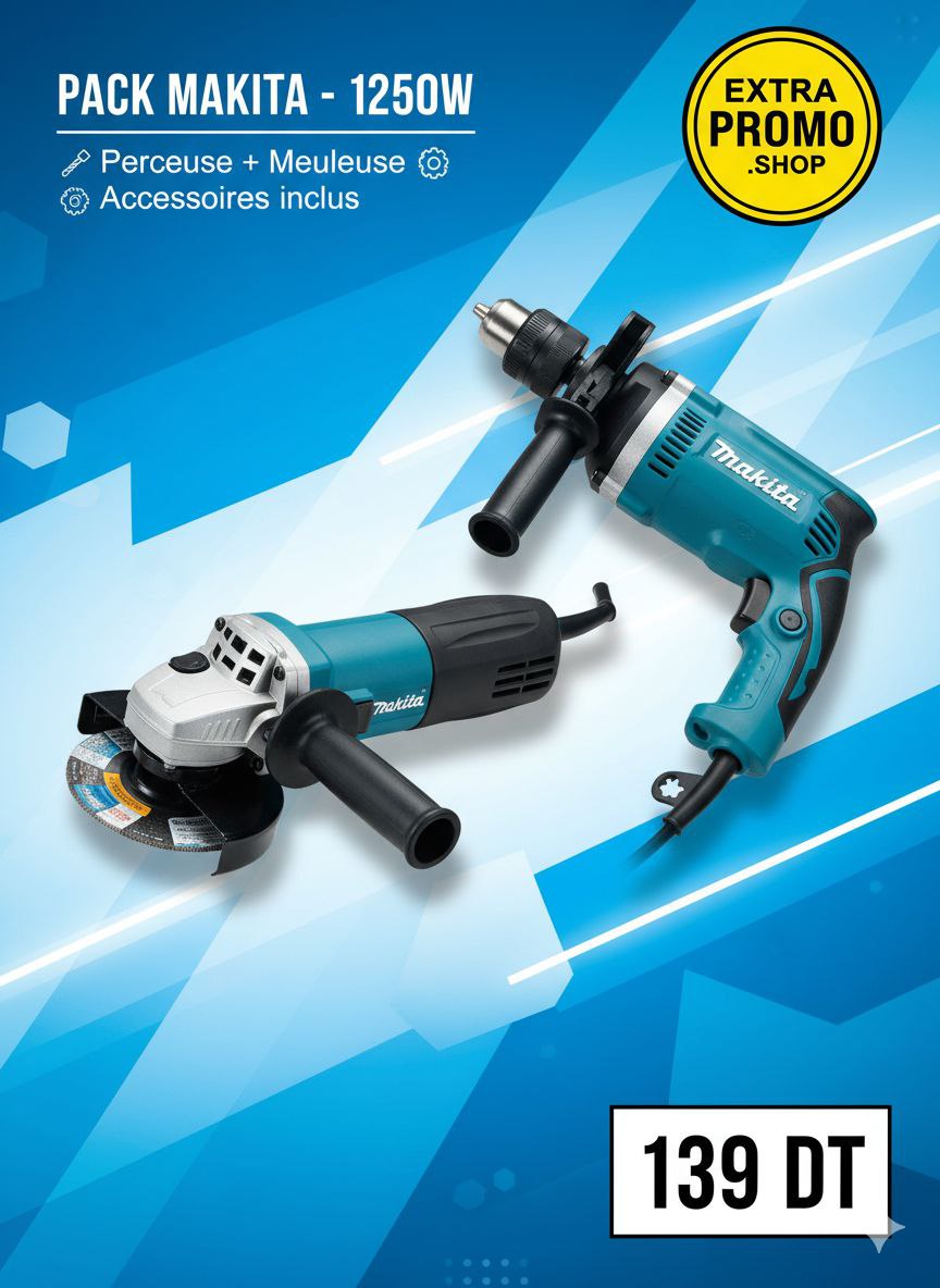 Pack MAKITA 1250W – Perceuse + Meuleuse 139DT